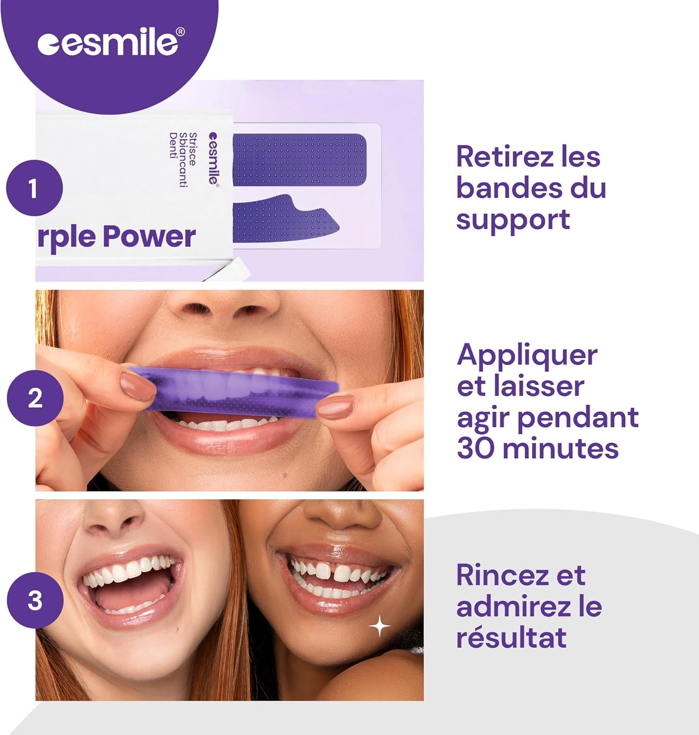 Bandes Blanchissantes Violettes – 21 Traitements | Éclaircissement Instantané Sans Peroxyde | Neutralise Le Jaune Et Illumine Le Sourire (42)