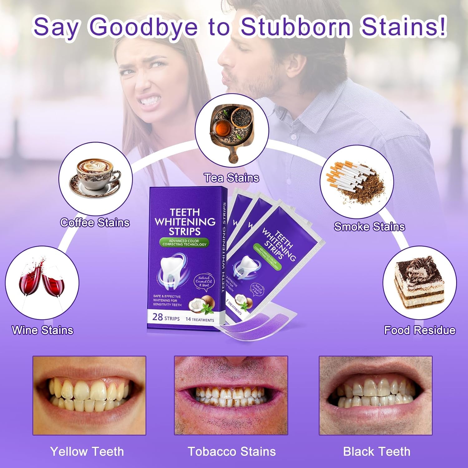 Bandes De Blanchiment Pourpre, Bandes De Blanchiment Professionnel Des Dents 14 Packs 28 Pcs, Technologie De Bande Sèche Antidérapante Sûre Pour Les Dents plus Blanches, 30 Minutes De Résultats Rapide